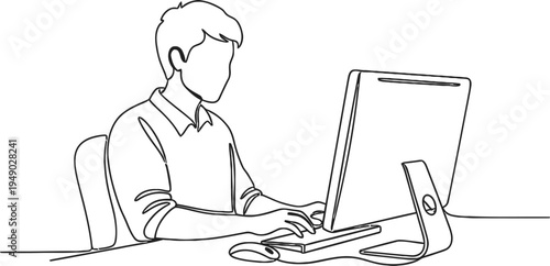 A single continuous line drawing of a young man sitting and working at his computer workstation