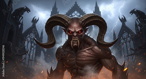 Muscular horned demon in a gothic setting, lightning strikes, perfect for halloween designs, dark fantasy concepts, or supernatural themes.