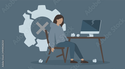 Person overwhelmed by technical issues and work-related stress illustration