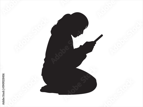 Man On Knees Using His Smartphone, Man On Knees Using His Smartphone Technology In Black And White Vector Style
