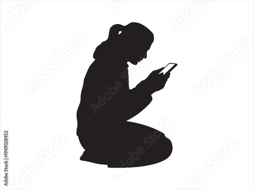 Man On Knees Using His Smartphone, Man On Knees Using His Smartphone Technology In Black And White Vector Style
