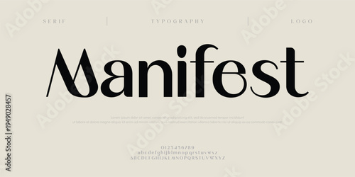Manifest, Elegant alphabet letters font and number. Classic Modern Serif Lettering Minimal Fashion. Typography decoration fonts for branding, wedding, invitations, logo.
