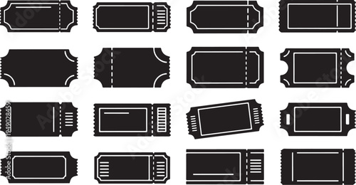 Collection of various black ticket stubs and coupons icons