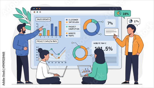 Four diverse professionals collaborating on a large digital dashboard displaying business analytics and data visualizations.