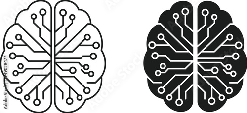 Two stylized brain icons featuring integrated circuit patterns representing artificial intelligence