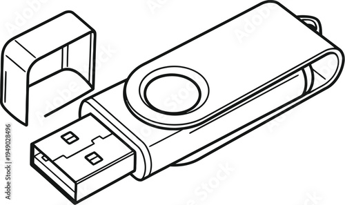 A simple black and white line art illustration of a standard portable usb flash drive device