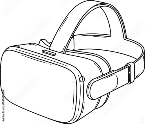 A simple black and white line art illustration of a modern virtual reality headset device