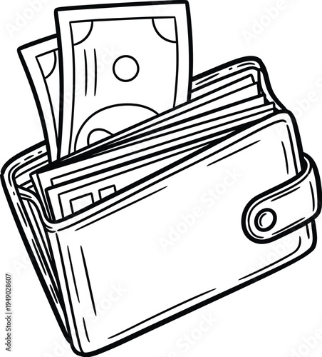 A simple black and white line art illustration of a leather wallet filled with paper banknotes