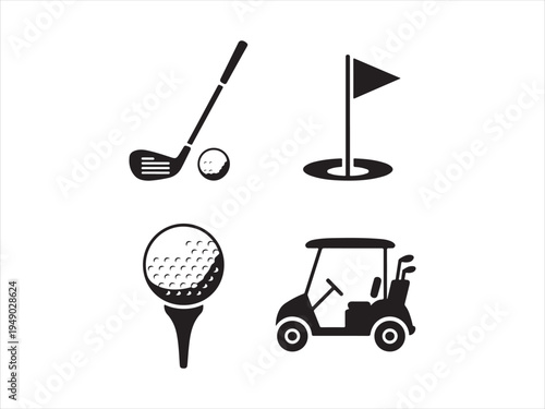 Golf silhouettes vector set, golf cart and clubs icons, Golf Icons Set with Club Ball Flag and Cart, Sport Vector Illustration