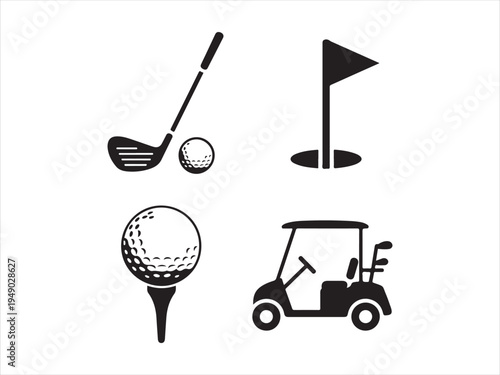 Golf silhouettes vector set, golf cart and clubs icons, Golf Icons Set with Club Ball Flag and Cart, Sport Vector Illustration