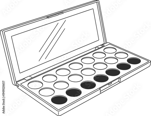 A simple black and white line art illustration of an open makeup eyeshadow palette with a mirror