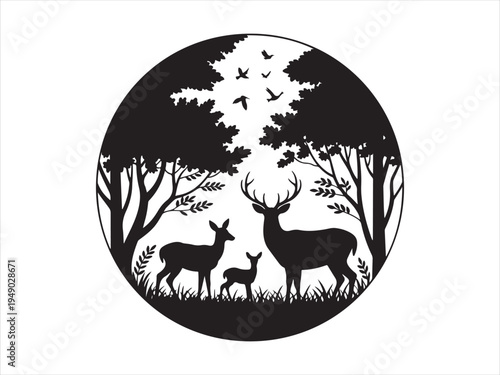Deer family in forest circle fawn trees wildlife nature vector illustration