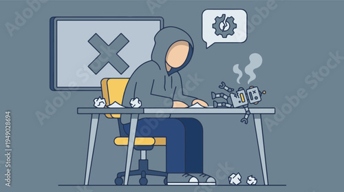 Digital illustration of coding failure and technical breakdown frustration
