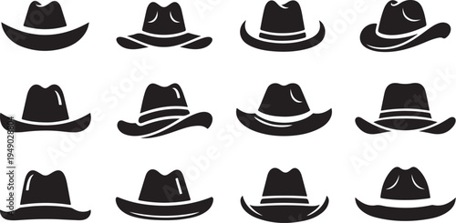 Collection of various cowboy hats in black and white