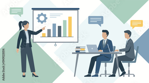 Business team in a meeting with a presenter showing data analysis chart