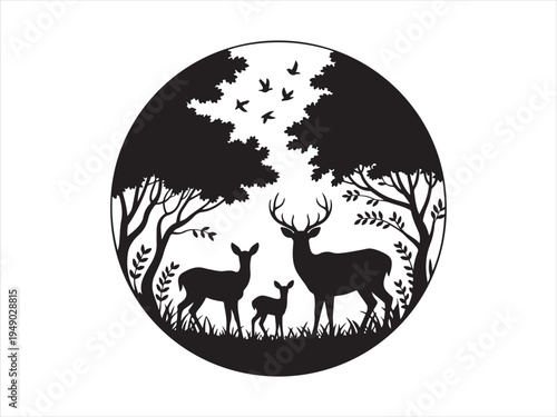 Deer family in forest circle fawn trees wildlife nature vector illustration