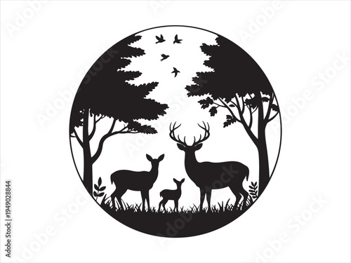 Deer family in forest circle fawn trees wildlife nature vector illustration