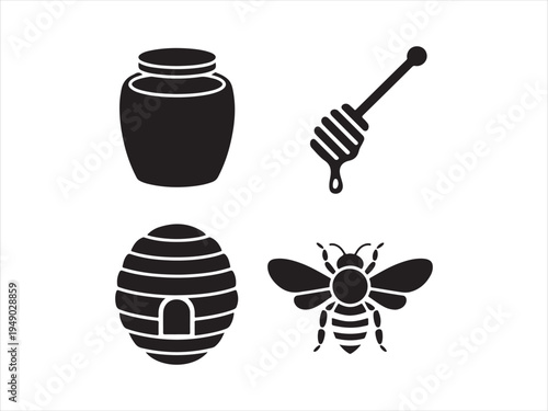 Black silhouette beekeeping and honey production icons set, bee hive, honey jar,dripping honeycombs