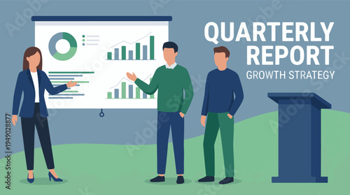 Business team presenting quarterly report and growth strategy to colleagues