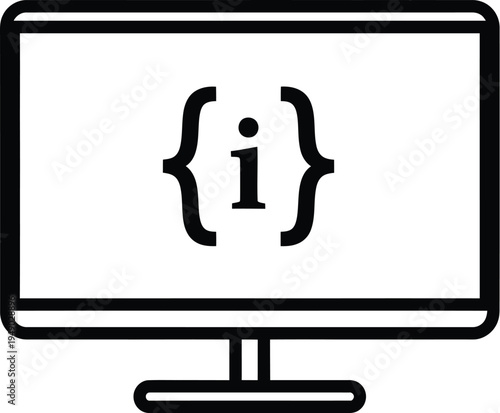 A minimalist computer monitor icon featuring a lowercase letter i inside a pair of curly braces
