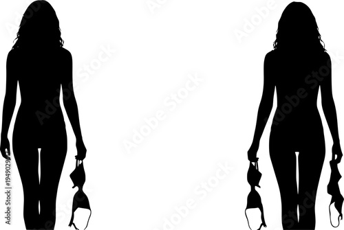 Provocative Woman Silhouette Back View - Girl in Red Bikini with Long Hair Carrying Swimsuit Top Vector