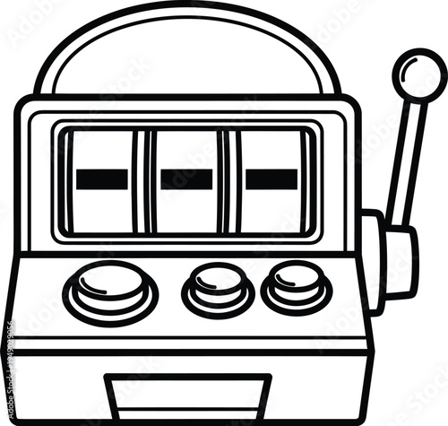 A simple black and white line art illustration of a vintage casino slot machine with a lever