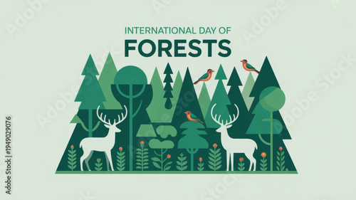 International day of forests illustration with deer trees and birds in a forest ecosystem