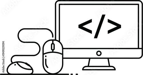A black and white line art illustration of a desktop computer monitor displaying code symbols icon