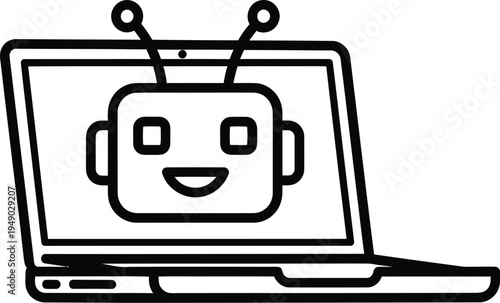 A simple black and white line art illustration of a friendly robot face displayed on a laptop