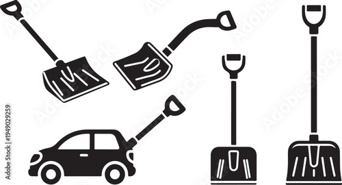 Shovels and car in simple black and white illustration