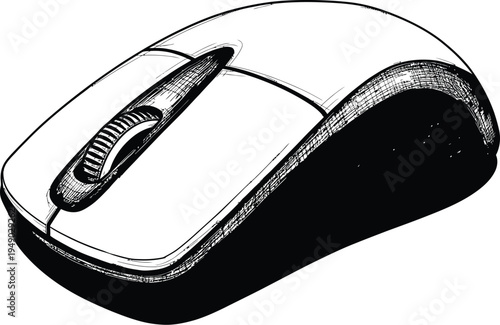 A detailed black and white artistic sketch of a modern computer mouse with a scroll wheel feature