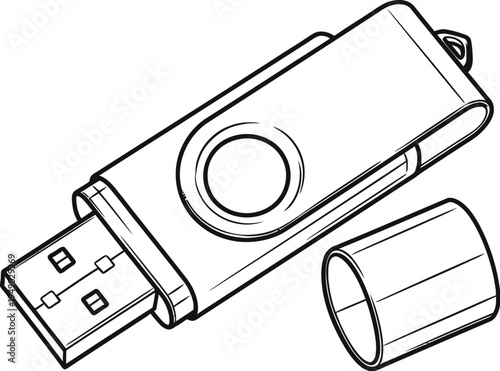 A detailed black and white line art illustration of a portable usb flash drive with a removed cap