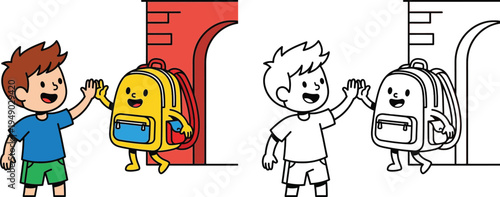 Happy Boy Giving High Five to Cute Backpack Character Entering School Vector Illustration for Back to School