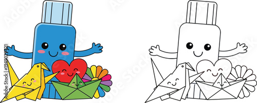 Cute Cartoon Glue Stick with Smiling Origami Animals Boats Heart and Flowers Vector Art and Craft Illustration