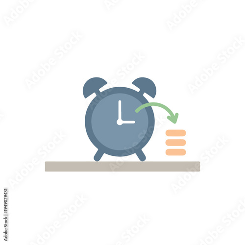 A flat vector illustration depicts a blue alarm clock on a shelf, with a green arrow pointing towards a stack of orange rectangular items.
