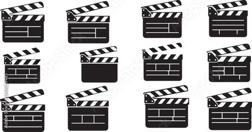 Collection of black and white movie clapper boards arranged