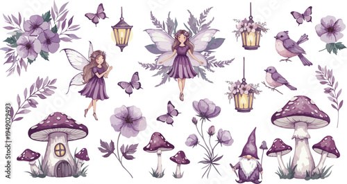 Whimsical illustration of fairies butterflies mushrooms and flowers in purple hues on white background