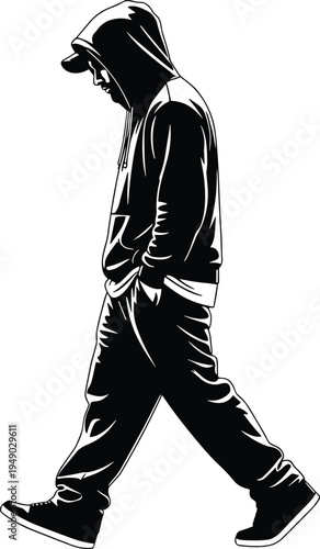 Walking figure illustration, urban solitude artwork, casual vector design, bold graphic icon, black white street symbol