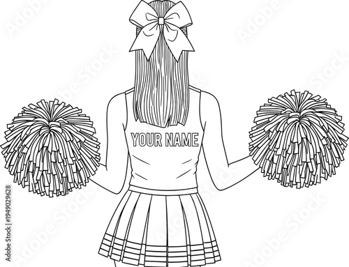 Cheerleader illustration, pom-poms sports artwork, customizable vector design, bold graphic icon, black white spirit symbol