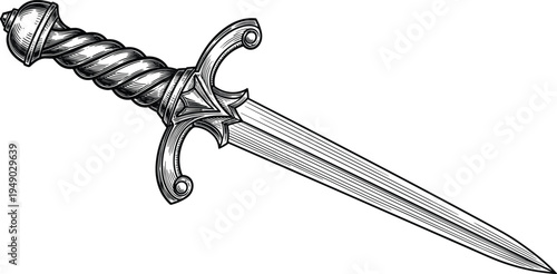 Dagger illustration, ornate weapon artwork, historical vector design, bold graphic icon, black white blade symbol