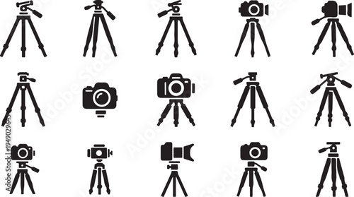 Various Camera Tripods and Equipment Icons in Black Color