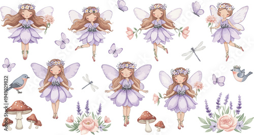 Whimsical illustration of six fairies in various poses with mushrooms flowers and insects in a fantasy setting with purple dresses