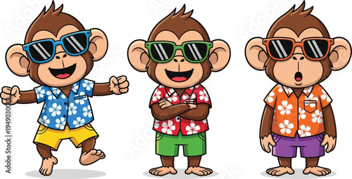 Three cartoon monkeys wearing sunglasses and colorful shirts