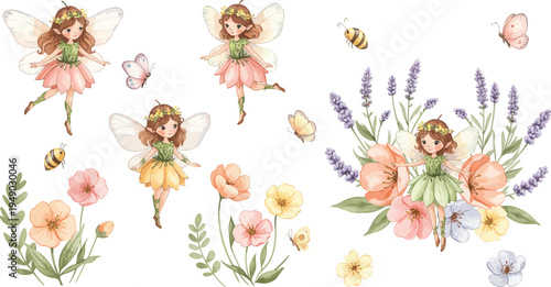 Whimsical fairies and flowers illustration with butterflies and blossoms in a garden scene