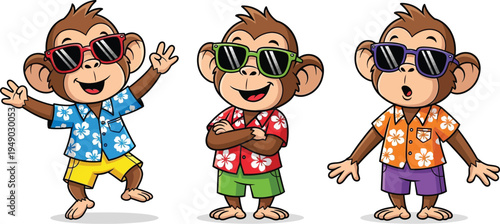 Three cartoon monkeys wearing sunglasses and summer clothes