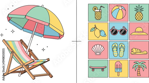 Beach vacation illustration with umbrella chair and tropical icons