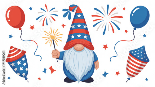 Patriotic gnome celebrates independence day with fireworks and balloons