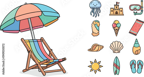 Beach vacation icons and colorful beach chair under umbrella
