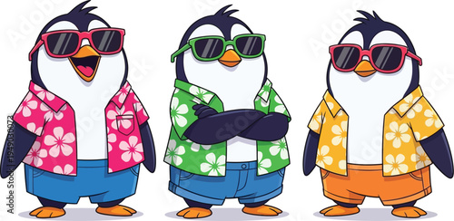 Three penguins in sunglasses and hawaiian shirts