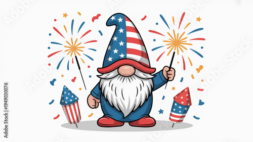 Patriotic gnome celebrates independence day with fireworks and american flags